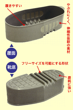 履面:履きやすい・やぶれにくく、伸縮性抜群の素材。 靴底:磨耗に強い・フリーサイズを可能にする形状。